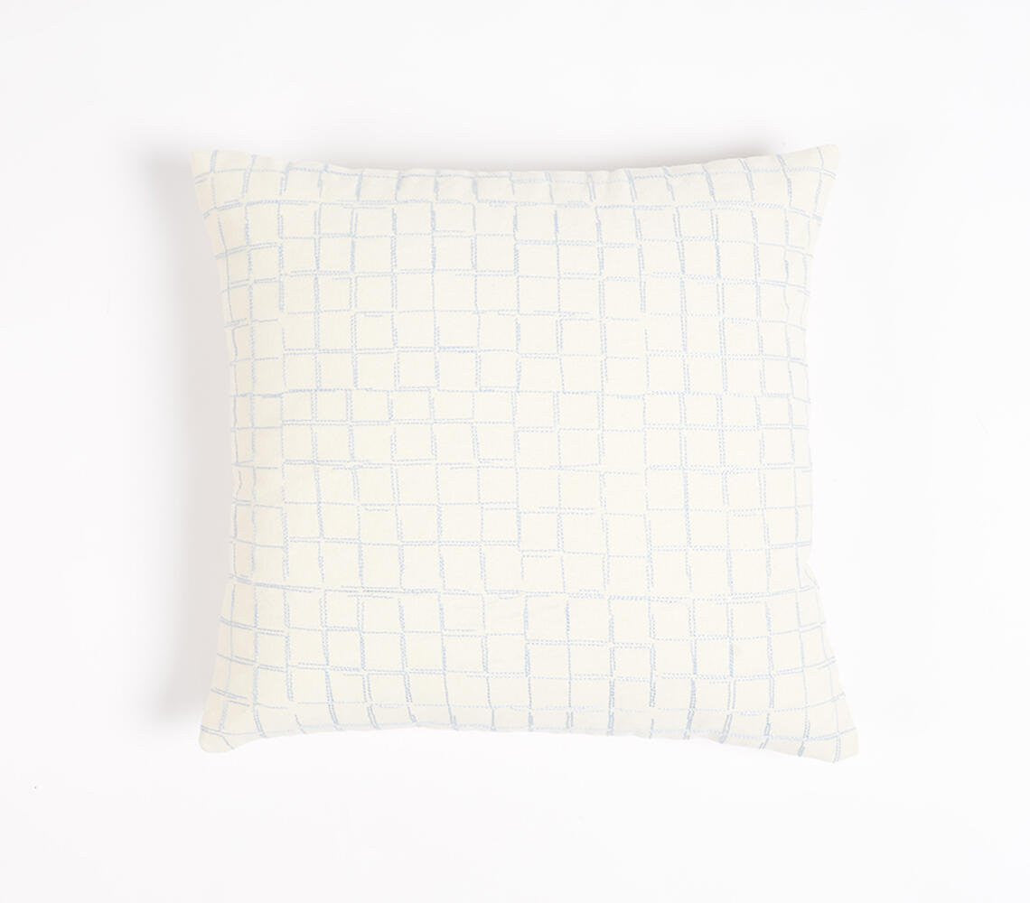 16" Beige and Gray Geometric Cotton Throw Pillow Cover With Embroidery-1