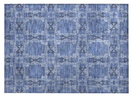 2' X 3' Denim Blue and Gray Floral Medallion Washable Non Skid Indoor Outdoor Area Rug-1